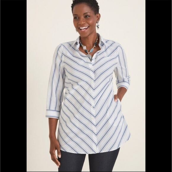 Chico's No Iron Stain Shield Striped White Button Down Tunic Size Small - Picture 1 of 8